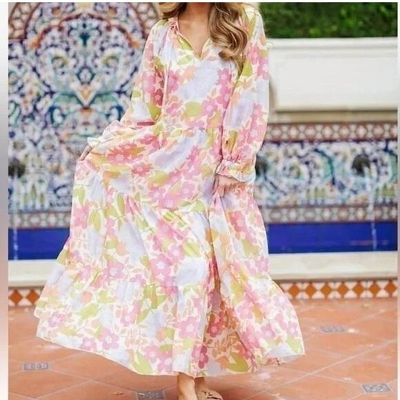 J. Marie XS Floral Long Sleeve Ruffle Tiered Babydoll Maxi Dress 70’s Size Small - Picture 2 of 13